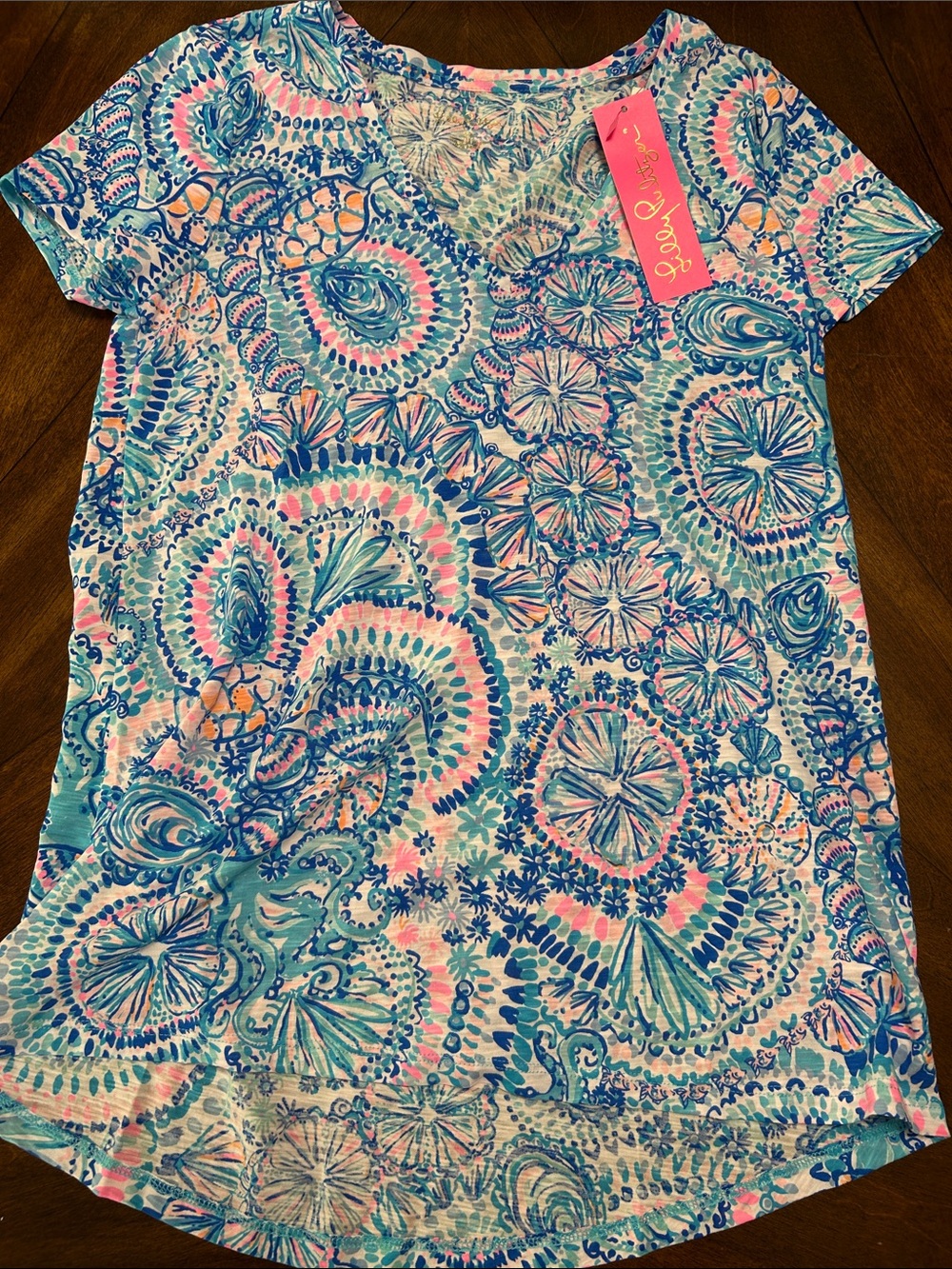 Lilly Pulitzer Multicolor V-Neck Tee in Blue Pink Seafoam